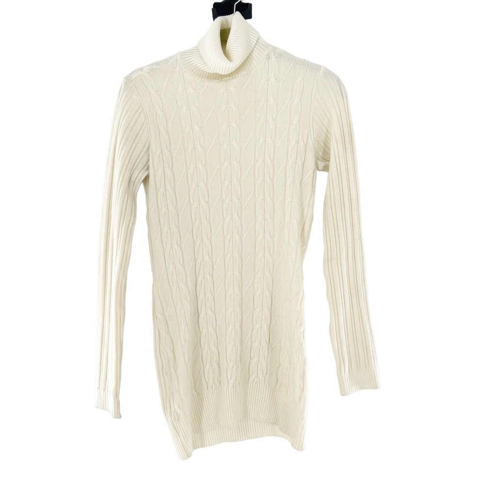Cable‎ Knit Turtleneck Sweater Longline Ivory Studio Y XL Cabin Coastal Read a